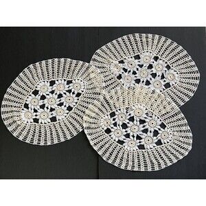 Hand Crocheted Oval Lace Peach Doilies Centerpiece Doily Floral Vintage Lot of 3